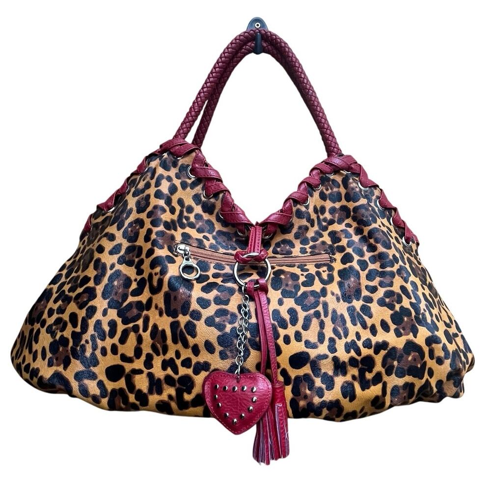 Leopard Print Hobo Style Shoulder Bag  Red Rope Handles and Trim Dual Style